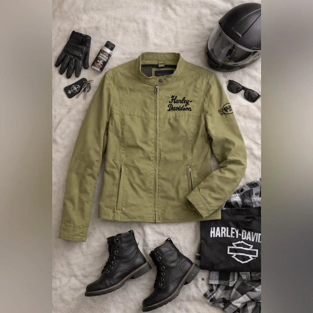 Harley-Davidson Olive Green Moto Jacket Lightweight Zip Front Logo Women’s - Picture 1 of 14